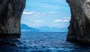 Preview wallpaper rock, arch, sea, view, mountains, landscape