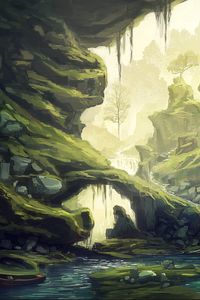Preview wallpaper rock, arch, stream, tree, art