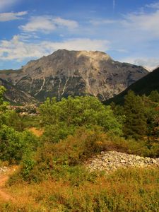 Preview wallpaper rock, bushes, grass, peak, sky