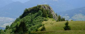 Preview wallpaper rock, bushes, trees, grass, mountains, fog