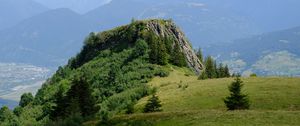 Preview wallpaper rock, bushes, trees, grass, mountains, fog