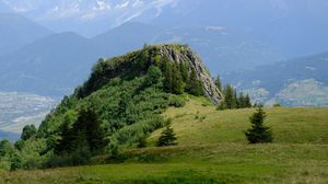 Preview wallpaper rock, bushes, trees, grass, mountains, fog