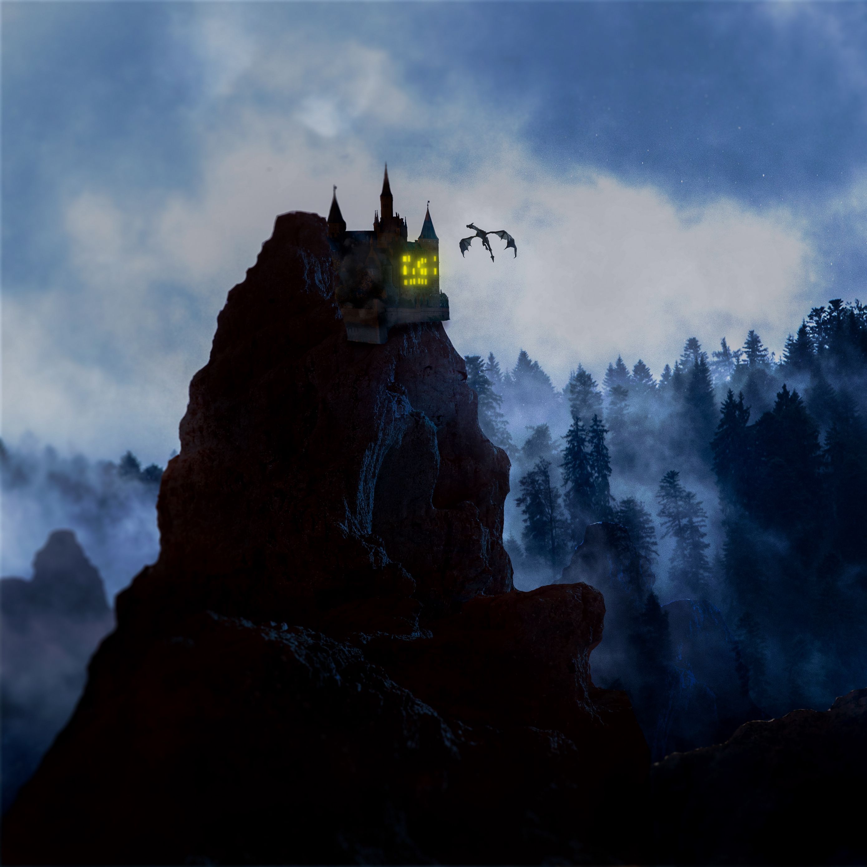 2780x2780 Wallpaper rock, castle, dragon, fog, forest