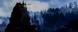 Preview wallpaper rock, castle, dragon, fog, forest