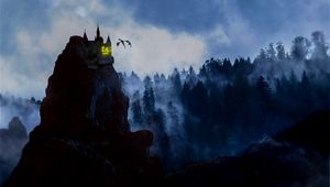Preview wallpaper rock, castle, dragon, fog, forest