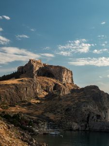 Preview wallpaper rock, cave, ruins, sea, boat