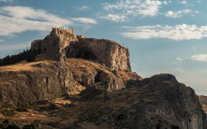 Preview wallpaper rock, cave, ruins, sea, boat