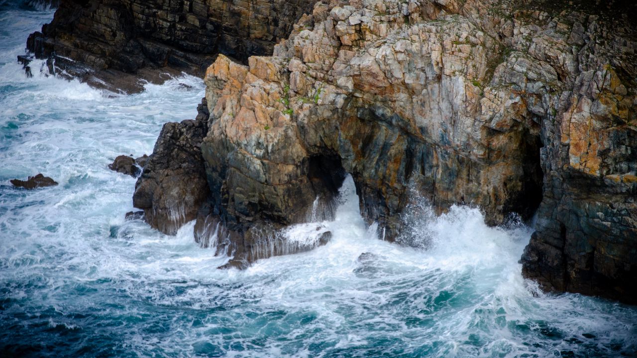 Wallpaper rock, cave, sea, waves, foam, nature