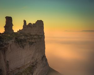 Preview wallpaper rock, cliff, fog, mountain, height, stone