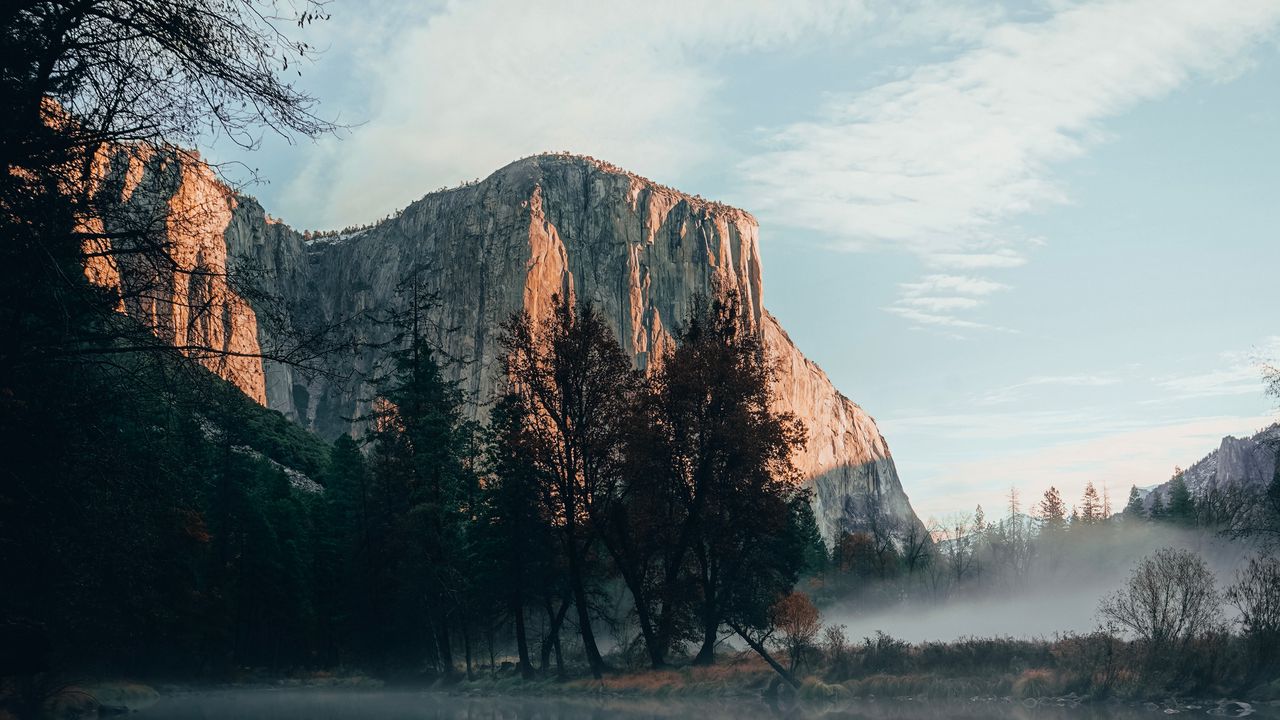 Wallpaper rock, cliff, fog, water