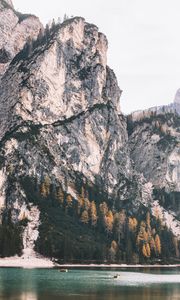 Preview wallpaper rock, cliff, lake, boats, nature