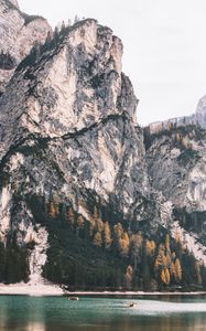 Preview wallpaper rock, cliff, lake, boats, nature