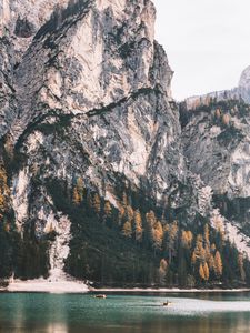 Preview wallpaper rock, cliff, lake, boats, nature