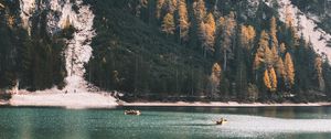 Preview wallpaper rock, cliff, lake, boats, nature