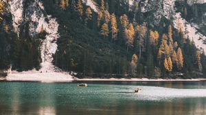 Preview wallpaper rock, cliff, lake, boats, nature