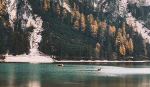 Preview wallpaper rock, cliff, lake, boats, nature