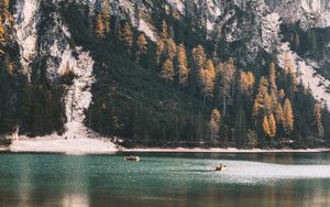 Preview wallpaper rock, cliff, lake, boats, nature