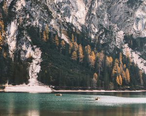 Preview wallpaper rock, cliff, lake, boats, nature