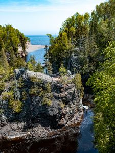 Preview wallpaper rock, cliff, river, landscape, trees