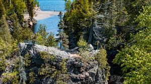 Preview wallpaper rock, cliff, river, landscape, trees