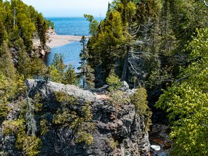 Preview wallpaper rock, cliff, river, landscape, trees