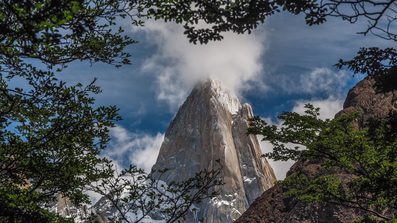 Wallpaper rock, cliff, steep, high, cloud, branches, trees