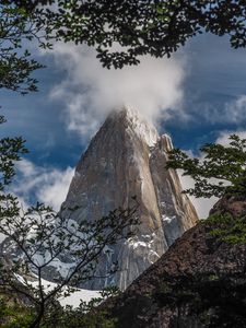 Preview wallpaper rock, cliff, steep, high, cloud, branches, trees