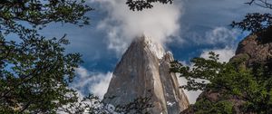 Preview wallpaper rock, cliff, steep, high, cloud, branches, trees