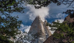 Preview wallpaper rock, cliff, steep, high, cloud, branches, trees