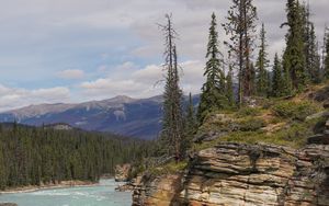 Preview wallpaper rock, cliff, trees, river, landscape, nature