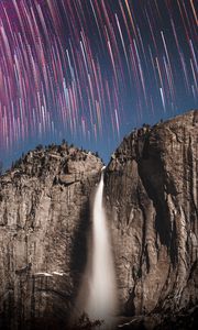 Preview wallpaper rock, cliff, waterfall, starry sky, long exposure, stone