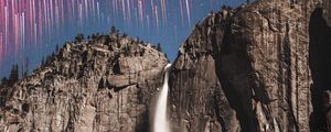 Preview wallpaper rock, cliff, waterfall, starry sky, long exposure, stone