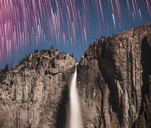 Preview wallpaper rock, cliff, waterfall, starry sky, long exposure, stone