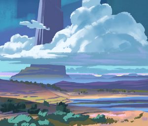 Preview wallpaper rock, clouds, landscape, art