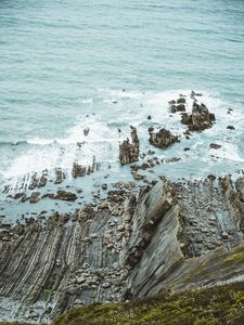 Preview wallpaper rock, coast, sea, moss, waves