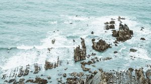 Preview wallpaper rock, coast, sea, moss, waves