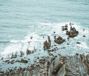 Preview wallpaper rock, coast, sea, moss, waves