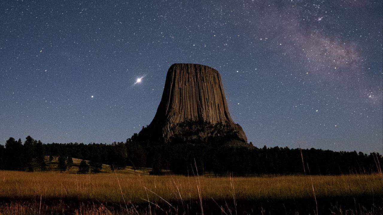 Wallpaper rock, field, starry sky, stars, night