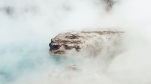 Preview wallpaper rock, fog, smoke, trees, coast