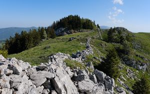 Preview wallpaper rock, forest, meadow, nature, mountains, sky, colorful