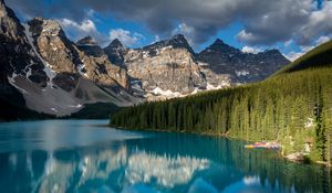 Preview wallpaper rock, forest, trees, lake, reflection, nature