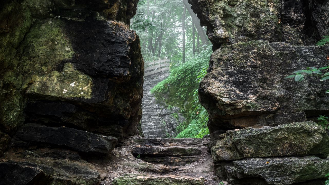 Wallpaper rock, gorge, path, fog, nature