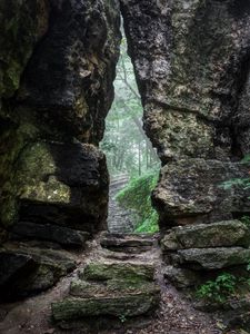 Preview wallpaper rock, gorge, path, fog, nature