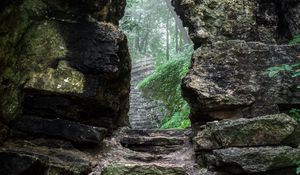 Preview wallpaper rock, gorge, path, fog, nature