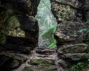 Preview wallpaper rock, gorge, path, fog, nature