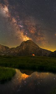 Preview wallpaper rock, grass, pond, milky way, night