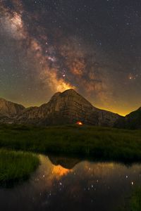 Preview wallpaper rock, grass, pond, milky way, night