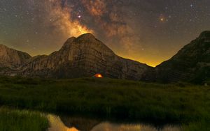 Preview wallpaper rock, grass, pond, milky way, night