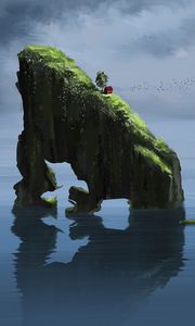 Preview wallpaper rock, house, slope, water, reflection, art