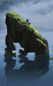 Preview wallpaper rock, house, slope, water, reflection, art